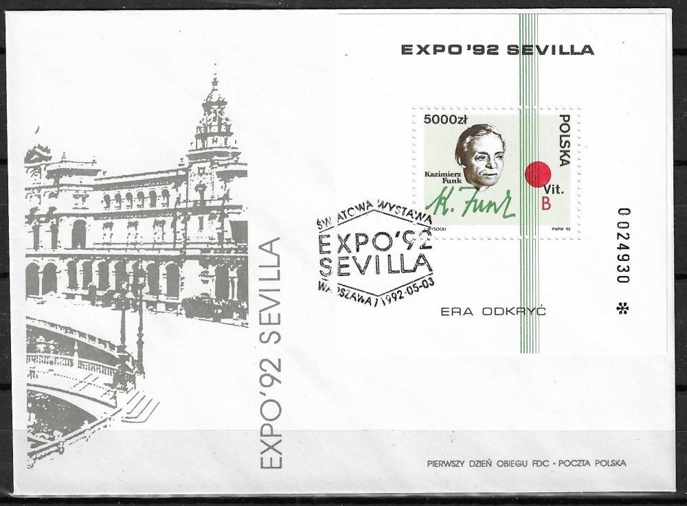 Znaczek Polska 1992 Mi bl 116 Fi bl 146 FDC