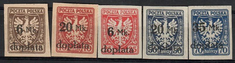 Znaczek Polska 1921 Mi por 32-36 Fi D 32-36 Z podlepką *