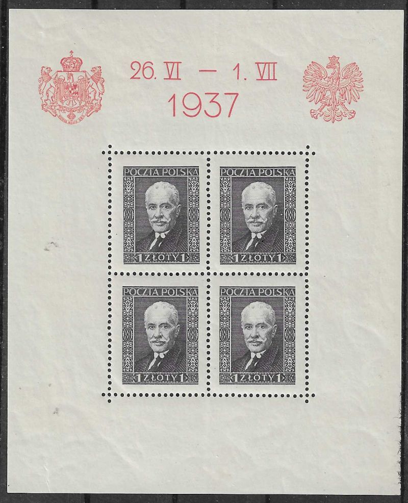 Znaczek Polska 1937 Mi bl 4 Fi bl 4 Z podlepką *
