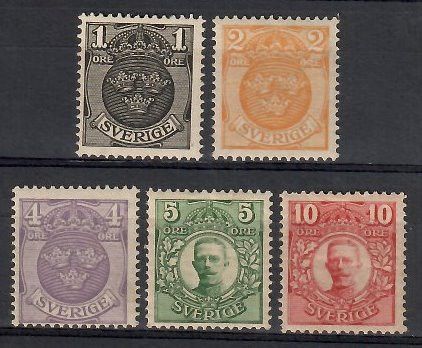Znaczek Szwecja 1910 Mi 57-61 Z podlepką *