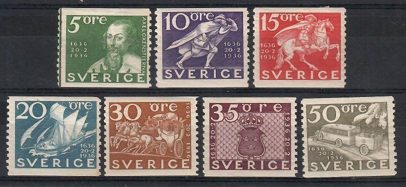 Znaczek Szwecja 1936 Mi 227-230,232-233,236A Z podlepką *