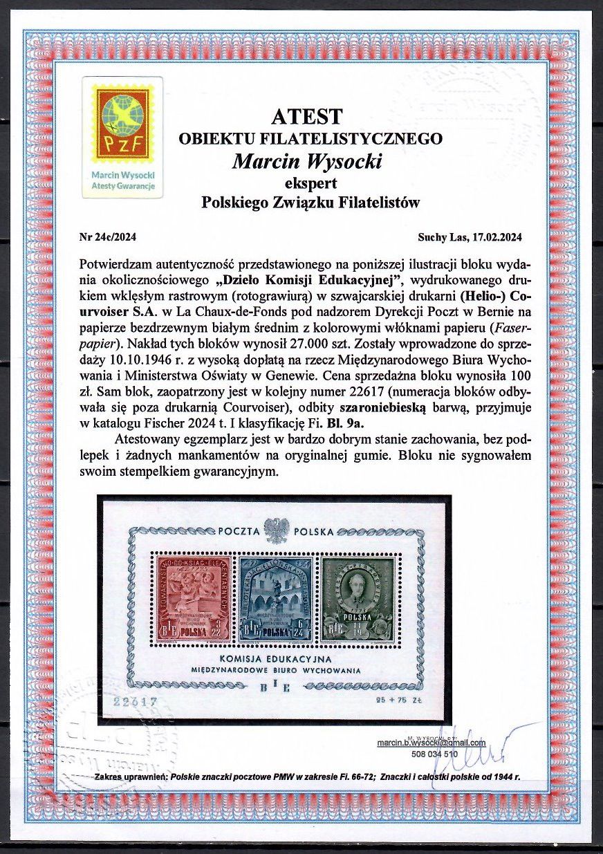 Znaczek Polska 1946 Mi bl 9 Fi bl 9 Czyste **