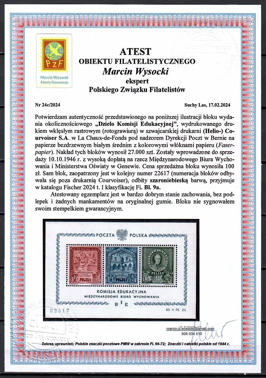 Znaczek  Polska 1946 Mi bl 9 Fi bl 9 Czyste **