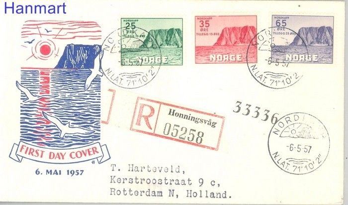Znaczek Norwegia 1957 Mi 408-410 FDC