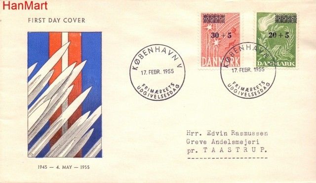 Znaczek Dania 1955 FDC